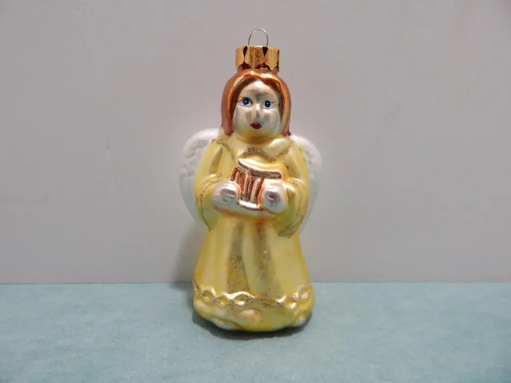 VTG Christmas Tree Ornament Blown Glass Angle with Harp Yellow with White Wings